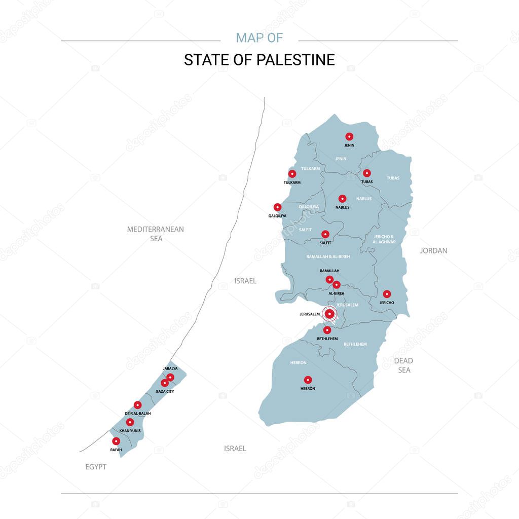 Palestine vector map. Editable template with regions, cities, red pins and blue surface on white background. 