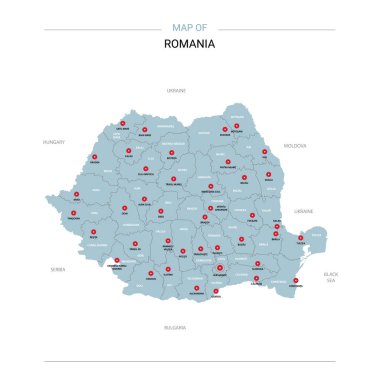 Romanya vektör harita. Bölgeler, şehirler, kırmızı iğne ve beyaz zemin üzerine mavi yüzey ile düzenlenebilir bir şablona. 