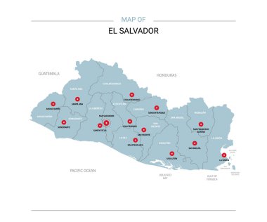 El Salvador vektör harita. Bölgeler, şehirler, kırmızı iğne ve beyaz zemin üzerine mavi yüzey ile düzenlenebilir bir şablona. 