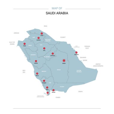 Suudi Arabistan vektör harita. Bölgeler, şehirler, kırmızı iğne ve beyaz zemin üzerine mavi yüzey ile düzenlenebilir bir şablona. 