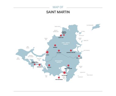 Saint Martin vector map. Editable template with regions, cities, red pins and blue surface on white background.  clipart