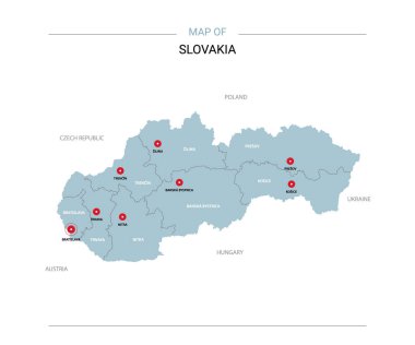 Slovakya vektör harita. Bölgeler, şehirler, kırmızı iğne ve beyaz zemin üzerine mavi yüzey ile düzenlenebilir bir şablona. 