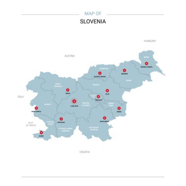 Slovenya vektör harita. Bölgeler, şehirler, kırmızı iğne ve beyaz zemin üzerine mavi yüzey ile düzenlenebilir bir şablona. 
