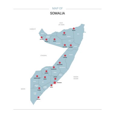 Somali vektör harita. Bölgeler, şehirler, kırmızı iğne ve beyaz zemin üzerine mavi yüzey ile düzenlenebilir bir şablona. 