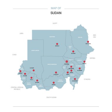 Sudan vektör harita. Bölgeler, şehirler, kırmızı iğne ve beyaz zemin üzerine mavi yüzey ile düzenlenebilir bir şablona. 