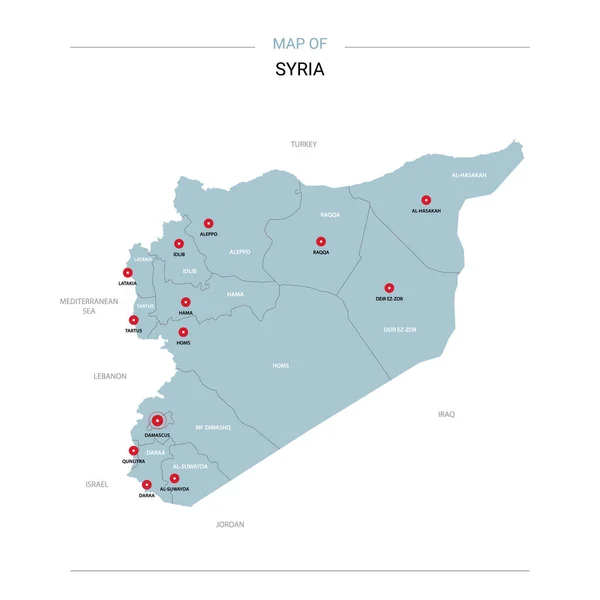 Mapa Wektor Syrii Edytowalny Szablon Regionów Miast Czerwone Szpilki Niebieski — Wektor stockowy