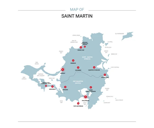 Saint Martin Vector Map Editable Template Regions Cities Red Pins — Stock Vector