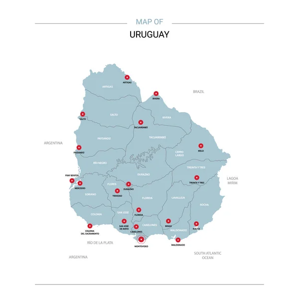 Urugwaj Mapa wektor z czerwona Pinezka. — Wektor stockowy