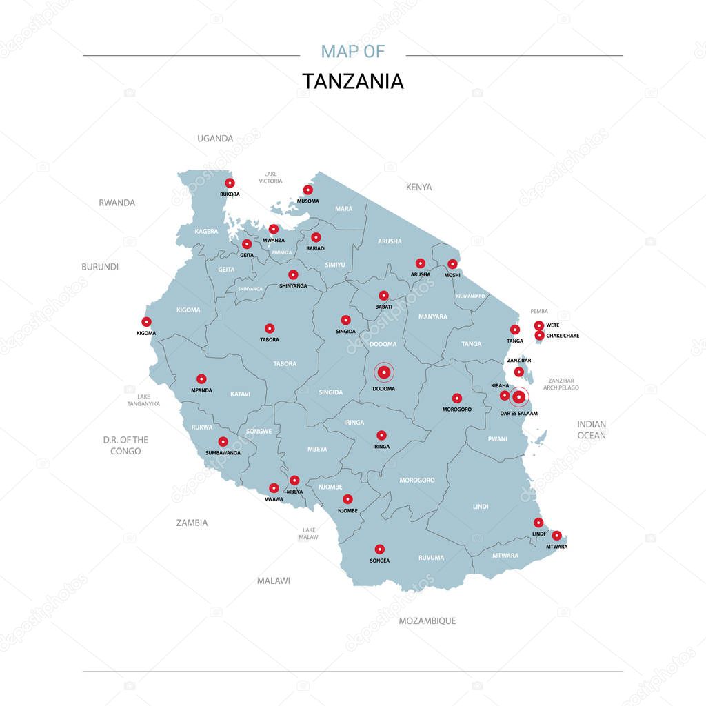 Tanzania map vector with red pin.