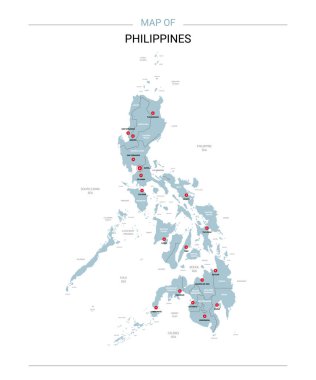 Filipinler vektör harita. Bölgeler, şehirler, kırmızı iğne ve beyaz zemin üzerine mavi yüzey ile düzenlenebilir bir şablona. 