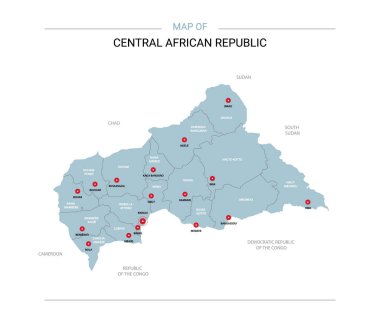 Orta Afrika Cumhuriyeti vektör harita. Bölgeler, şehirler, kırmızı iğne ve beyaz zemin üzerine mavi yüzey ile düzenlenebilir bir şablona. 
