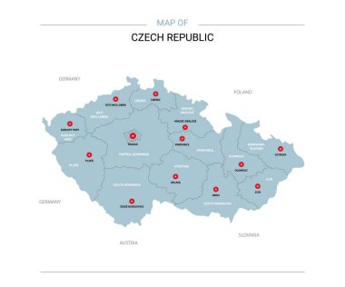 Çek Cumhuriyeti vektör harita. Bölgeler, şehirler, kırmızı iğne ve beyaz zemin üzerine mavi yüzey ile düzenlenebilir bir şablona. 
