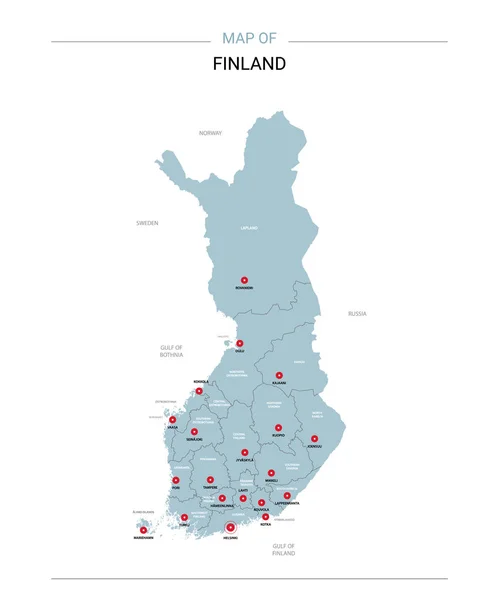 フィンランドのベクター マップ 赤ピンと白い背景の青い表面と編集可能なテンプレート — ストックベクタ