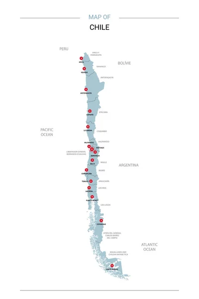 Chile Mapa Wektor Edytowalny Szablon Regionów Miast Czerwone Szpilki Niebieski — Wektor stockowy