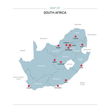 Güney Afrika vektör harita. Bölgeler, şehirler, kırmızı iğne ve beyaz zemin üzerine mavi yüzey ile düzenlenebilir bir şablona. 