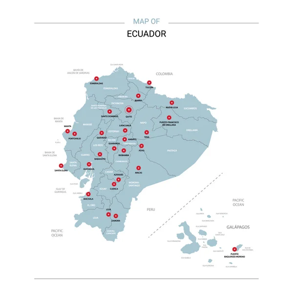 Векторная Карта Эквадора Стол Регионами Городами Красными Соснами Синей Поверхностью — стоковый вектор