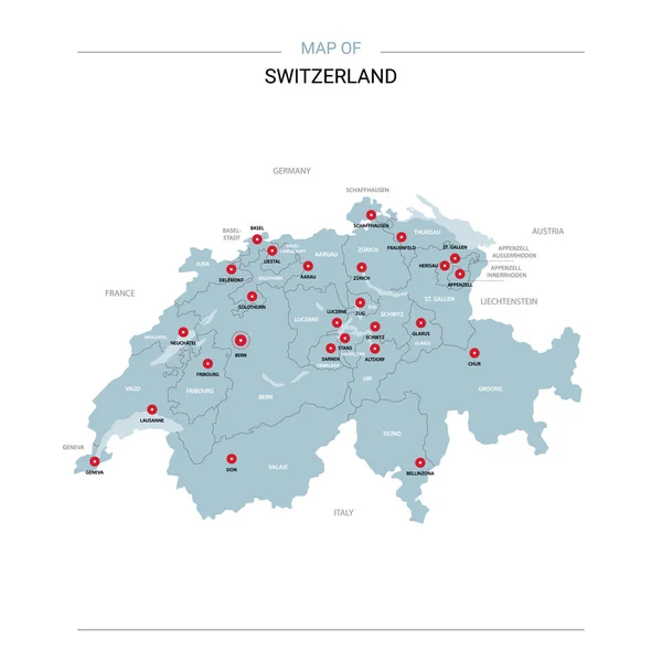 Suiza Mapa Vectorial Plantilla Editable Con Regiones Ciudades Pines Rojos — Archivo Imágenes Vectoriales
