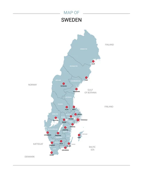 Suecia Mapa Vectorial Plantilla Editable Con Regiones Ciudades Pines Rojos — Vector de stock