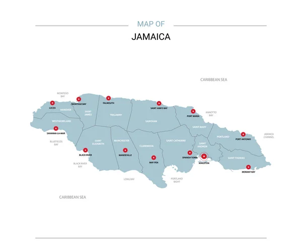 Mapa Vetorial Jamaica Modelo Editável Com Regiões Cidades Pinos Vermelhos —  Vetores de Stock