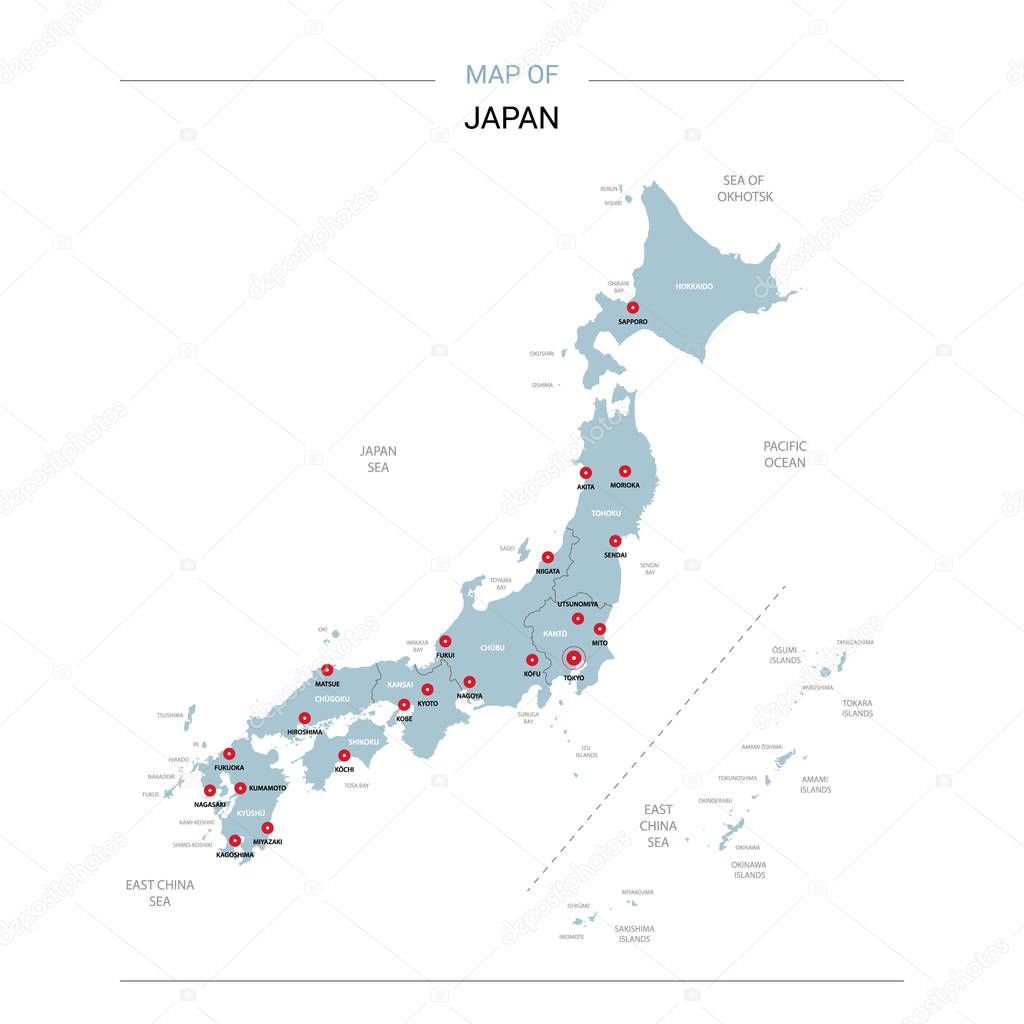 Japan vector map. Editable template with regions, cities, red pins and blue surface on white background. 