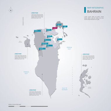 Bahreyn vektör harita Infographic elemanları ile işaretçi işaretler. Düzenlenebilir bir şablona bölgeler, şehirler ve sermaye Manama. 