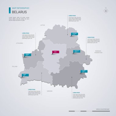 Beyaz Rusya vektör harita Infographic elemanları ile işaretçi işaretler. Düzenlenebilir bir şablona bölgeler, şehirler ve sermaye Minsk. 