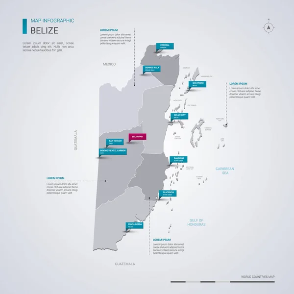 Belize Mapa Wektor Elementami Infografikę Oznacza Wskaźnik Edytowalny Szablon Regionami — Wektor stockowy