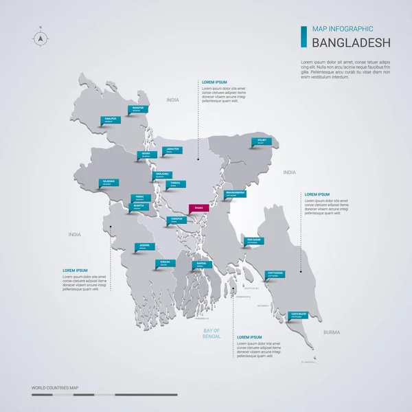 Bangladesh Vektorkarte Mit Infografik Elementen Zeigermarkierungen Editierbare Vorlage Mit Regionen — Stockvektor