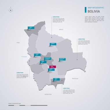 Bolivya vektör harita Infographic elemanları ile işaretçi işaretler. Düzenlenebilir bir şablona bölgeler, şehirler ve sermaye Sucre. 