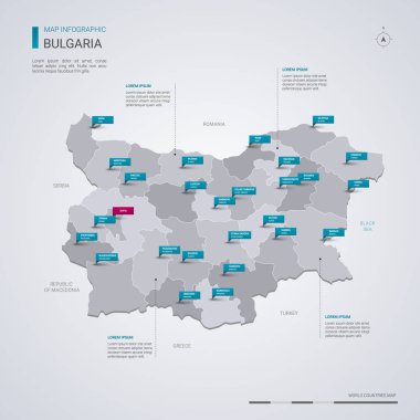 Infographic elemanları ile Bulgaristan vektör harita, işaretçi işaretler. Düzenlenebilir bir şablona bölgeler, şehirler ve başkenti Sofya. 