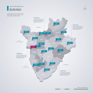 Burundi vektör harita Infographic elemanları ile işaretçi işaretler. Bölgeler, şehirler ve sermaye Bujumbura düzenlenebilir bir şablona. 