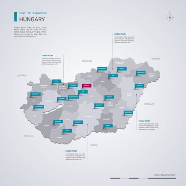Infographic elemanları ile Macaristan vektör harita, işaretçi işaretler. Düzenlenebilir bir şablona bölgeler, şehirler ve başkenti Budapeşte. 