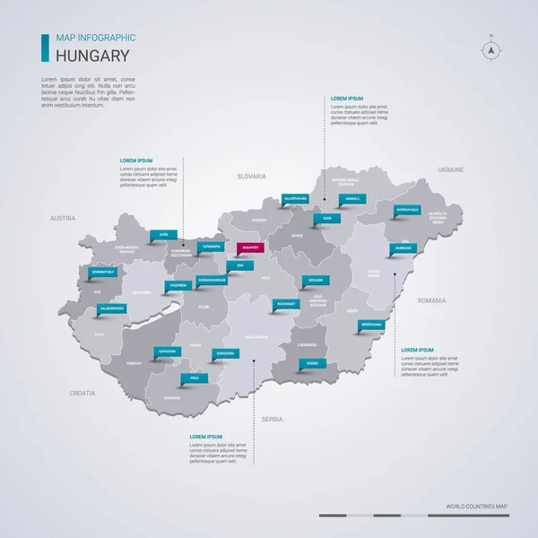 Infographic elemanları ile Macaristan vektör harita, işaretçi işaretler. Düzenlenebilir bir şablona bölgeler, şehirler ve başkenti Budapeşte. 