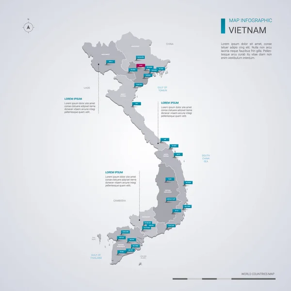 Vietnam Mapa Vectorial Con Elementos Infográficos Marcas Puntero Plantilla Editable — Vector de stock