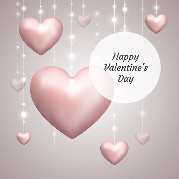 Plakat Fröhlicher Valentinstag Mit Realistischen Rosafarbenen Herzen Glitzer Und Schriftzug — Stockvektor