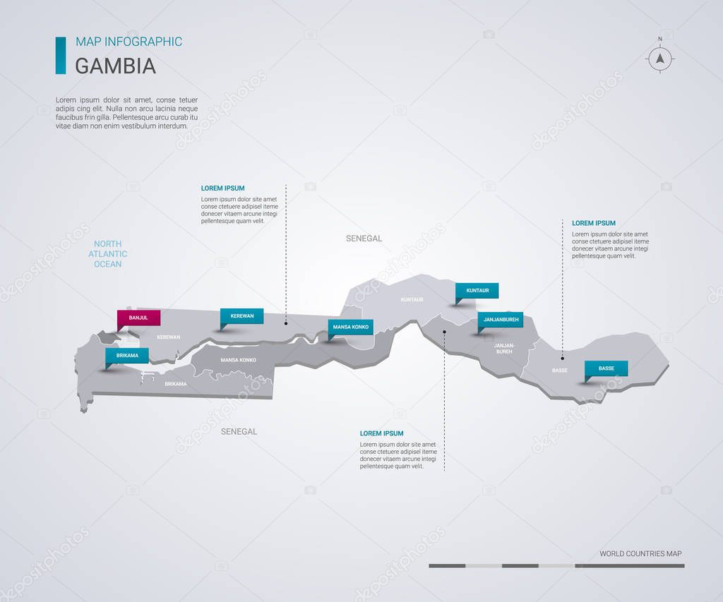 Gambia vector map with infographic elements, pointer marks. Editable template with regions, cities and capital Banjul. 