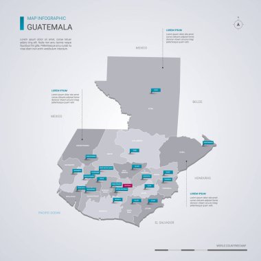 Guatemala vektör harita Infographic elemanları ile işaretçi işaretler. Düzenlenebilir bir şablona bölgeler, şehirler ve sermaye. 