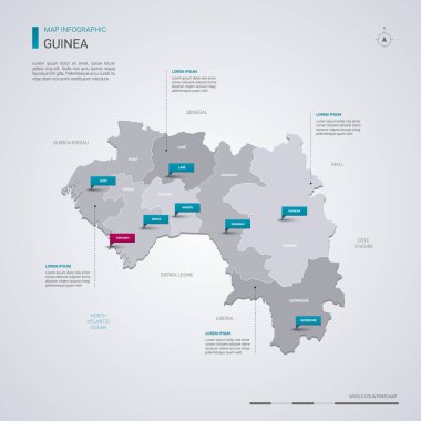 Infographic elemanları ile Gine vektör harita, işaretçi işaretler. Bölgeler, şehirler ve sermaye Conakry düzenlenebilir bir şablona. 