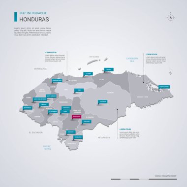 Honduras vektör harita Infographic elemanları ile işaretçi işaretler. Bölgeler, şehirler ve sermaye Tegucigalpa düzenlenebilir bir şablona. 