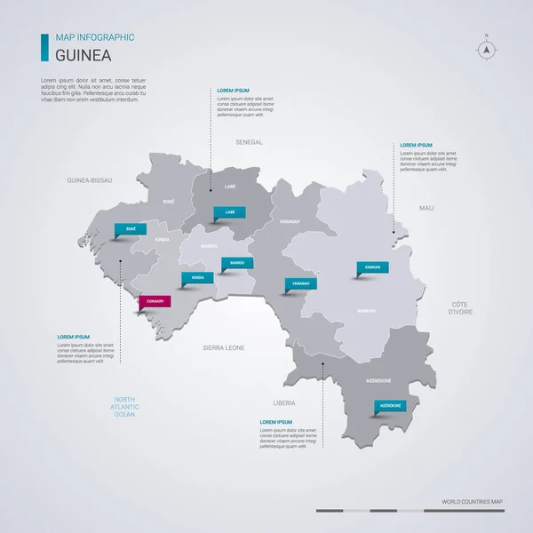Mapa Vectorial Guinea Con Elementos Infográficos Marcas Puntero Plantilla Editable — Vector de stock