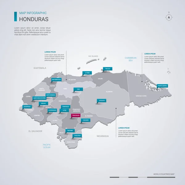 Mapa Vetorial Honduras Com Elementos Infográficos Marcas Ponteiro Modelo Editável —  Vetores de Stock