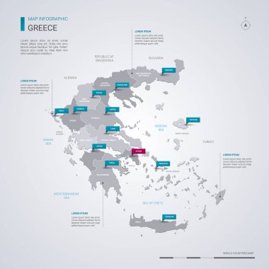 Infographic elemanları ile Yunanistan vektör harita, işaretçi işaretler. Düzenlenebilir bir şablona bölgeler, şehirler ve başkenti Atina. 