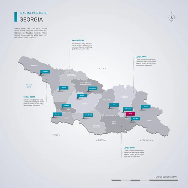 Mapa Vectorial Georgia Con Elementos Infográficos Marcas Puntero Plantilla Editable — Vector de stock