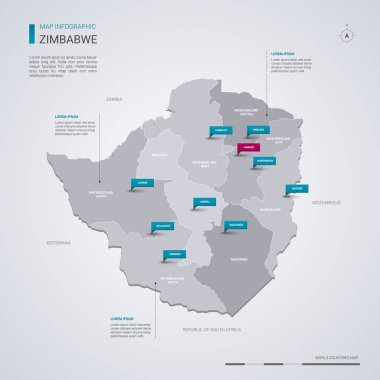 Zimbabve vektör harita Infographic elemanları ile işaretçi işaretler. Düzenlenebilir bir şablona bölgeler, şehirler ve sermaye Harare. 