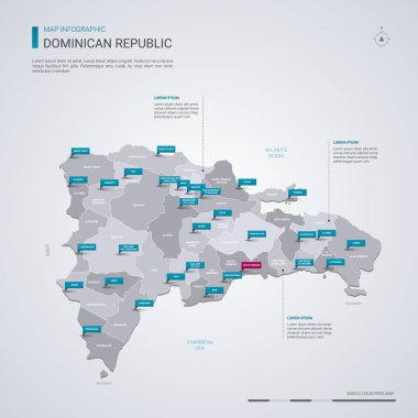 Dominik Cumhuriyeti vektör harita Infographic elemanları, işaretçi işaretleri ile. Düzenlenebilir bir şablona bölgeler, şehirler ve sermaye Santo Domingo. 