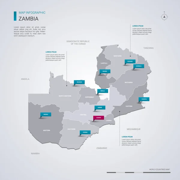 Zambia Mapa Vectorial Con Elementos Infográficos Marcas Puntero Plantilla Editable — Vector de stock