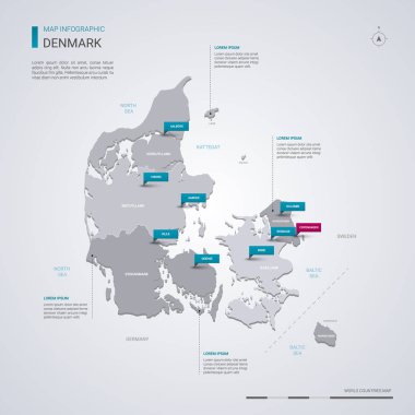 Danimarka vektör harita Infographic elemanları ile işaretçi işaretler. Düzenlenebilir bir şablona bölgeler, şehirler ve sermaye Copenhagen. 