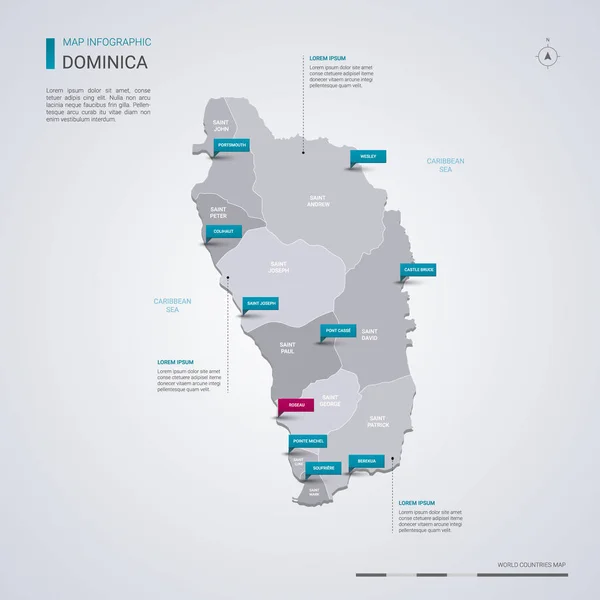 Mappa Vettoriale Dominica Con Elementi Infografici Segni Puntatore Modello Modificabile — Vettoriale Stock