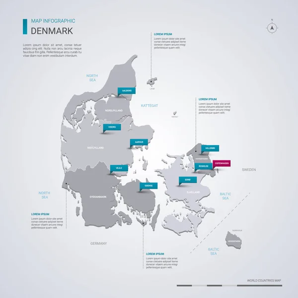 Dánsko Vektorová Mapa Prvky Infografiku Ukazatel Značky Upravitelná Šablona Regiony — Stockový vektor