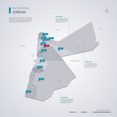 Jordan vektör harita Infographic elemanları ile işaretçi işaretler. Düzenlenebilir bir şablona bölgeler, şehirler ve başkenti Amman. 